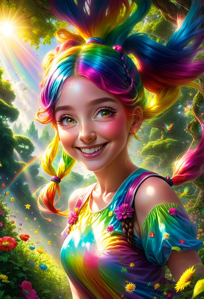 1 fille、Longues nattes de couleur arc-en-ciel:1.9、Un visage souriant avec une pointe de folie、le visage est déformé、Belle fille magique sautant d&#39;un grand arbre dans un jardin magique、Soleil du matin brillant、prises de vue en contre-plongée:1.75、gros plan d&#39;une fille、très détaillé、compliqué、Photoréaliste、8k、HDR、Éclairage cinématographique、couleurs vives、Doux et rêveur