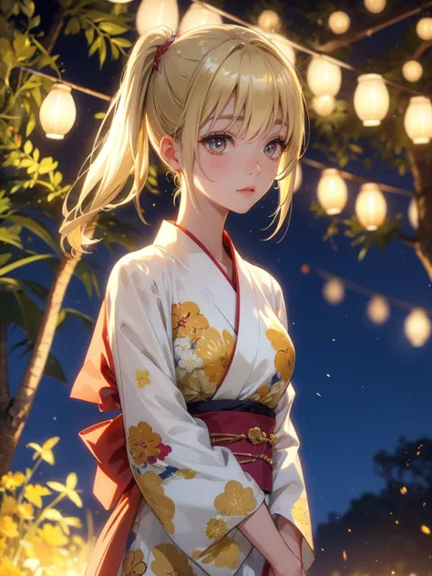 kyoko , kimono night in firework , blonde hair, pigtailed haired , yellowish eyes