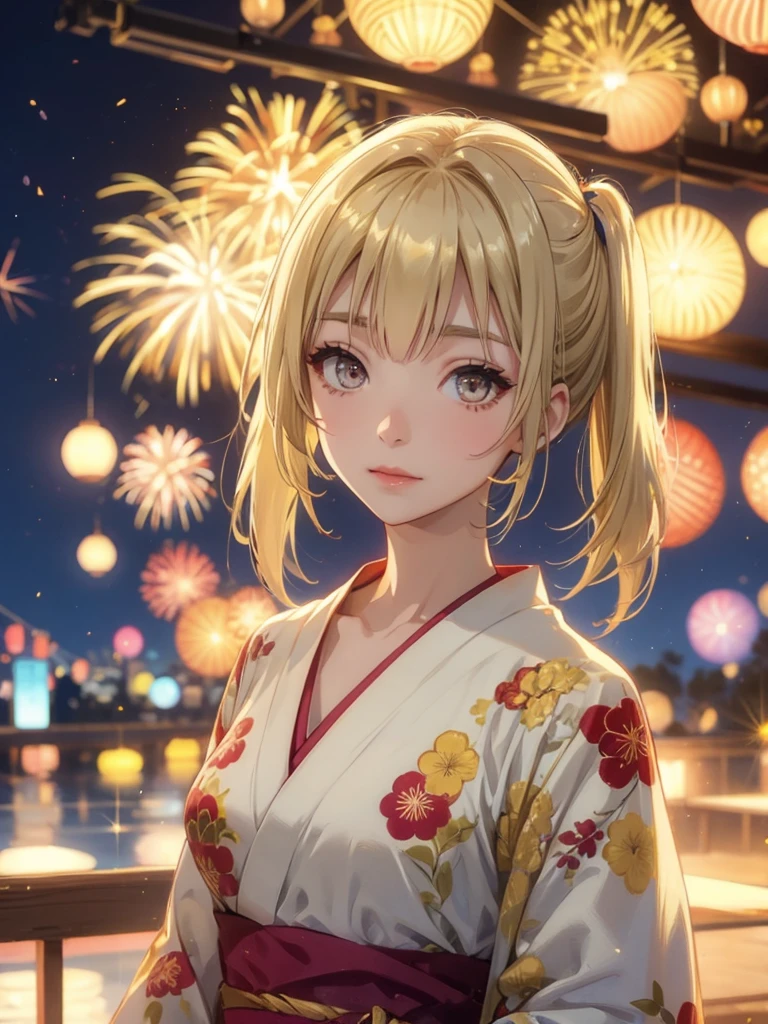 Kyoko , kimono night in firework , blonde hair, pigtailed haired , yellowish eyes