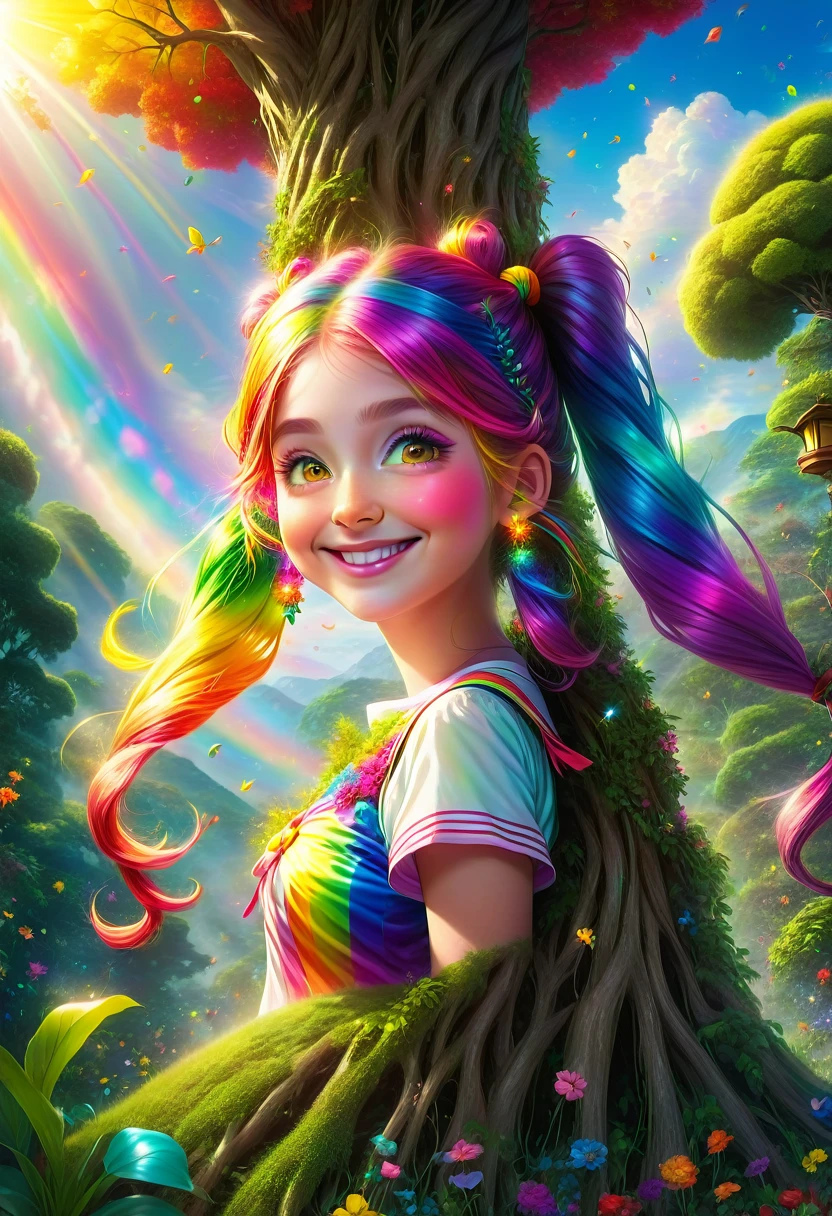 1 garota、Desenhe com precisão longas tranças da cor do arco-íris:1.9、Um rosto sorridente com um toque de loucura、O rosto está distorcido、Linda garota mágica pulando de uma árvore alta em um jardim mágico、brilho do sol da manhã、fotos em ângulo baixo:1.75、Close de uma garota、Muito detalhado、complicado、fotorrealista、8K、HDR、iluminação cinematográfica、cores brilhantes、suave e sonhador