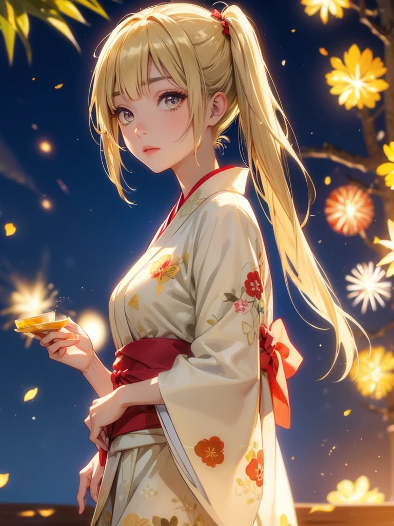 Kyoko , kimono night in firework , blonde hair, pigtailed haired , yellowish eyes