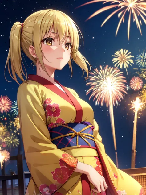 kyoko , kimono night in firework , blonde hair, pigtailed haired , yellowish eyes