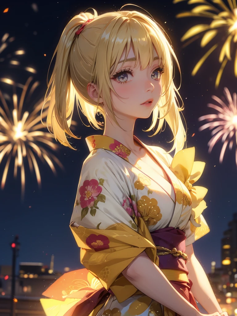 Kyoko , kimono night in firework , blonde hair, pigtailed haired , yellowish eyes