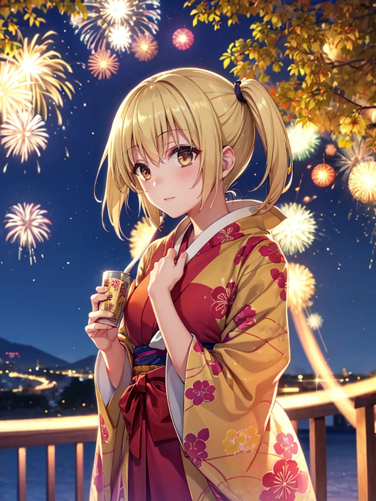 Kyoko , kimono night in firework , blonde hair, pigtailed haired , yellowish eyes