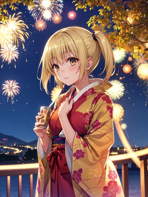 kyoko , kimono night in firework , blonde hair, pigtailed haired , yellowish eyes