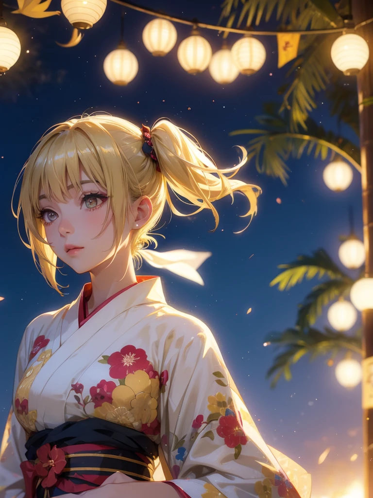 Kyoko , kimono night in firework , blonde hair, pigtailed haired , yellowish eyes, short hair