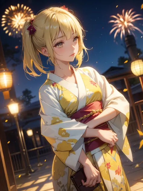 kyoko , kimono night in firework , blonde hair, pigtailed haired , yellowish eyes, short hair