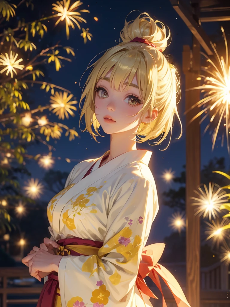 Kyoko , kimono night in firework , blonde hair, pigtailed haired , yellowish eyes, short hair