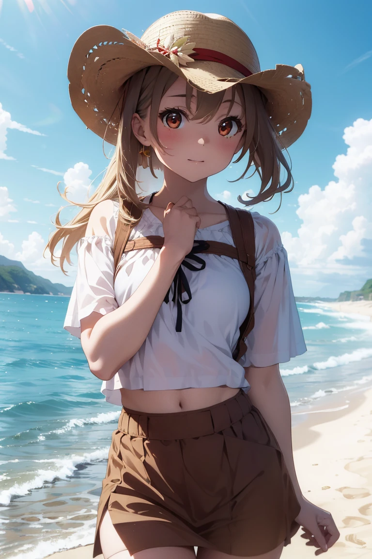 They haven&#39;t even toned it down, Nishikigi chisato,Long Hair , bangs, Blonde, (Red eyes:1.5), ,smile,blush,Open your mouth,Big straw hat,Off-the-shoulder dress,Long skirt,Bare neck,Bare shoulders,bare clavicle,Grab the skirt with both hands and lift it up,barefoot,Beachの砂浜を散歩しながら,blonde hair swaying in the wind, True Summer,Light of the sun,
break outdoors,Beach ,
break looking at viewer, (Cowboy Shot:1.5),
break (masterpiece:1.2), Highest quality, High resolution, unity 8k wallpaper, (shape:0.8), (Fine and beautiful eyes:1.6), Highly detailed face, Perfect lighting, Highly detailed CG, (Perfect hands, Perfect Anatomy),