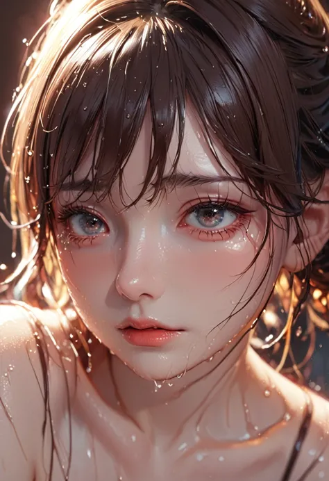 a beautiful girl with embarrassed expression, tears in her eyes, wet clothes, detailed realistic portrait, beautiful detailed li...
