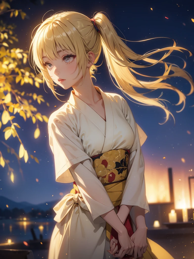 Kyoko , kimono night in firework , blonde hair, pigtailed haired , yellowish eyes, short hair