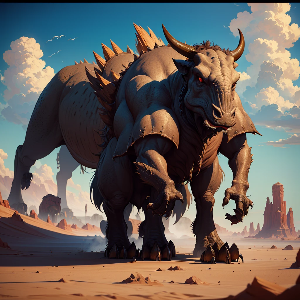 behemoth,  big monster,  sauropod or a giant three-horned bull, armored body,  typical of deserts, ((best qualityer, extreme quality, Masterpiece artwork)), realisitic