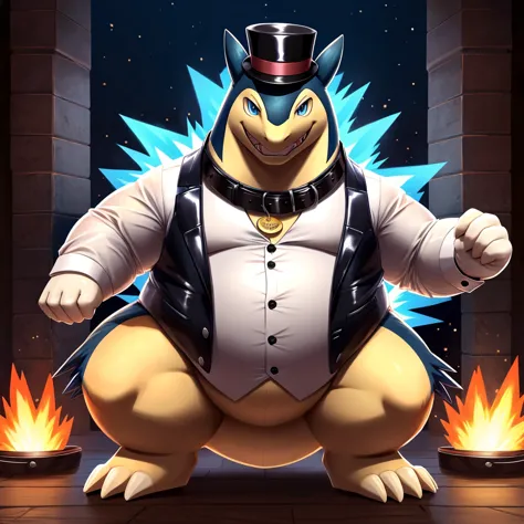 Solo, Male, fat, squatting, extremely obese, gentleman, dapper, Typhlosion, blue eyes, (soft shading), 4k, hi res, ((detailed fa...