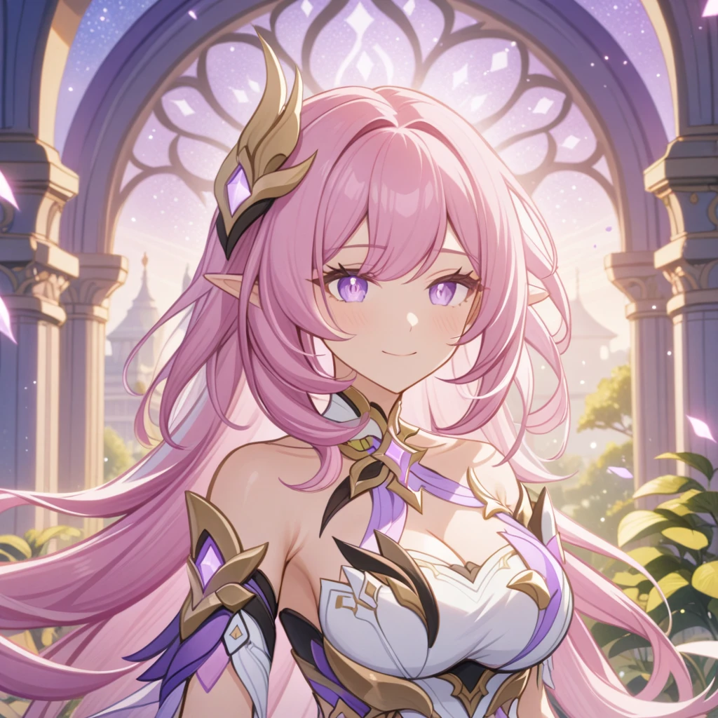 Généré par l&#39;IA,très esthétique,1fille,Élysée_/(Règle_de_humain:ego/)_/(Honkai_impact/),Pointu_oreilles,rose_cheveux,dreamy anime fantasy background de a fairytale garden with a palace,tracé laser,Yeux violet clair,flottant,particules légères,sourire,ciel étoilé,céleste,complexe,gros seins,long cils,Déesse,(Meilleure qualité,4k,8k,haute résolution,chef-d&#39;œuvre:1.2)