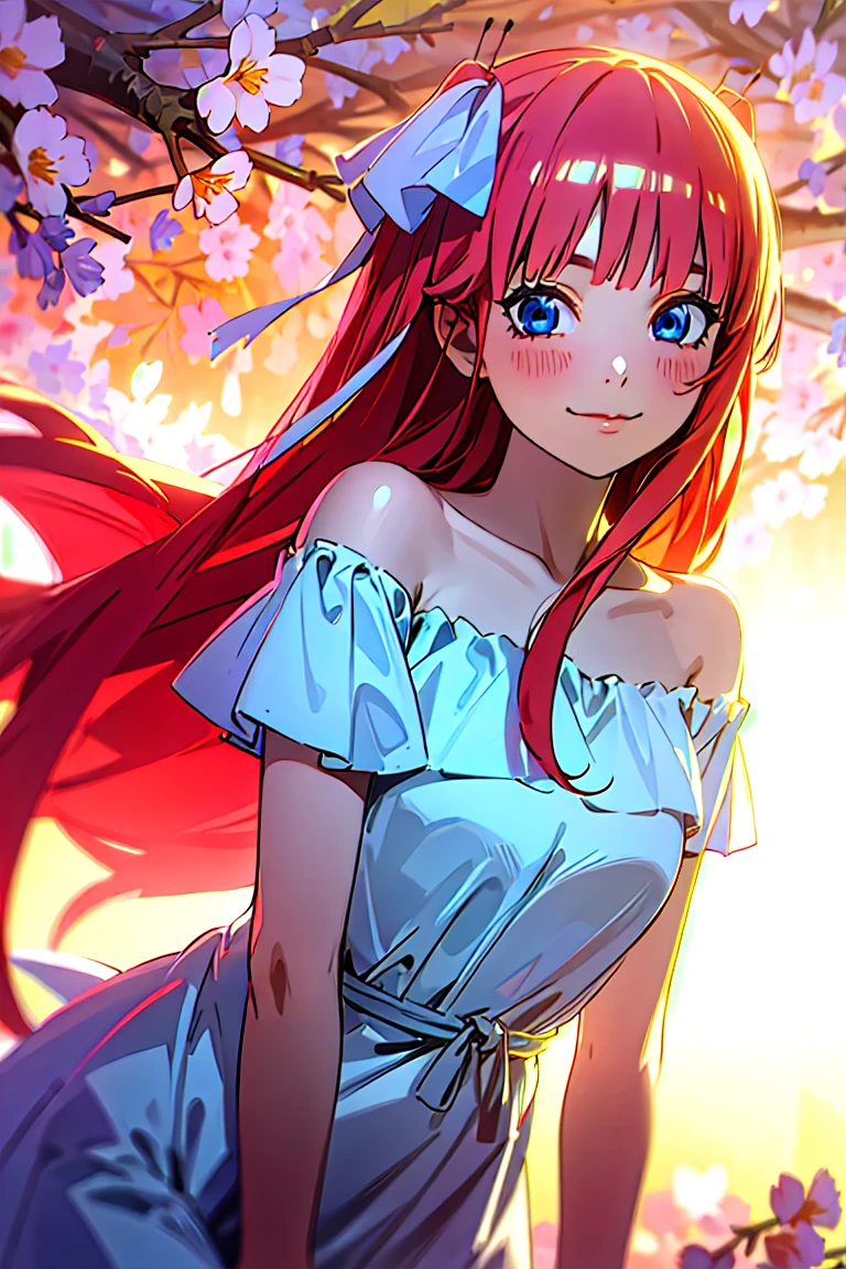 Best quality, masterpiece, ultra high res, (photorealistic:1.4), raw photo, 1girl, white dress, off shoulder, blossom flower field, glowing skin, light smile, nino nakano, pink red long hair, shoulder, blue eyes, hair ribbons