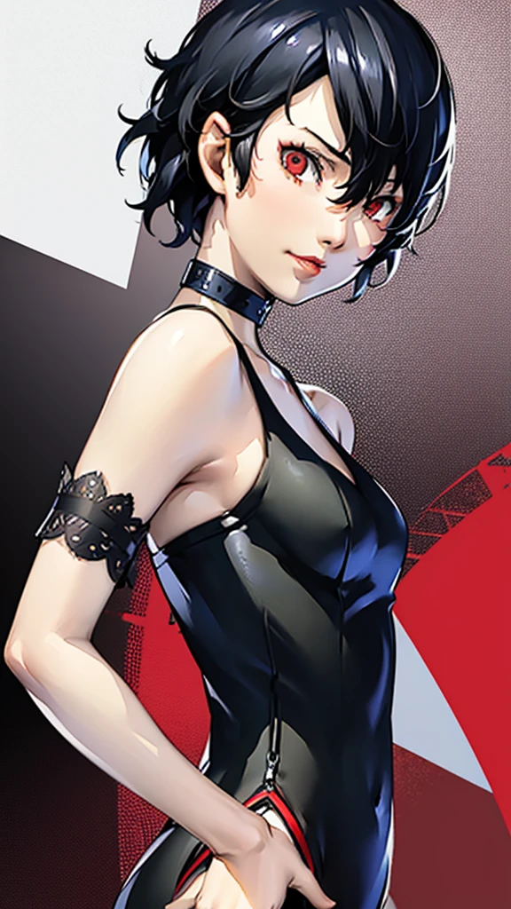 1 girl, very Short hair, tomboy Pixie haircut, black hair, red eyes, lipstick, black choker, face portrait, tank top, shigenori soejima style