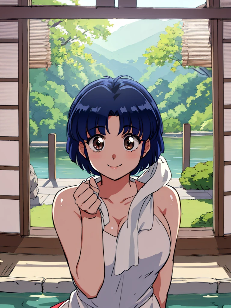 HDR, CG, sharp focus, (8k), (4k), masterpiece, best quality, detailed skin, extremely detailed, hiper detailed, sharp focus, looking at viewer, high quality, AKANE, Akane tendou, short hair, blue hair, brown eyes , tetas grandes, solo, 1girl, hands on chest,  towel, waving, happy smile, hot springs, inside water, 
