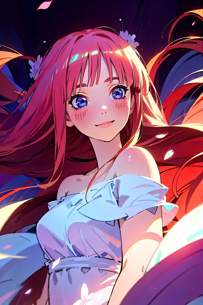 Best quality, masterpiece, ultra high res, (photorealistic:1.4), raw photo, 1girl, white dress, off shoulder, blossom flower field, glowing skin, light smile, nino nakano, pink red long hair, shoulder, blue eyes, hair ribbons