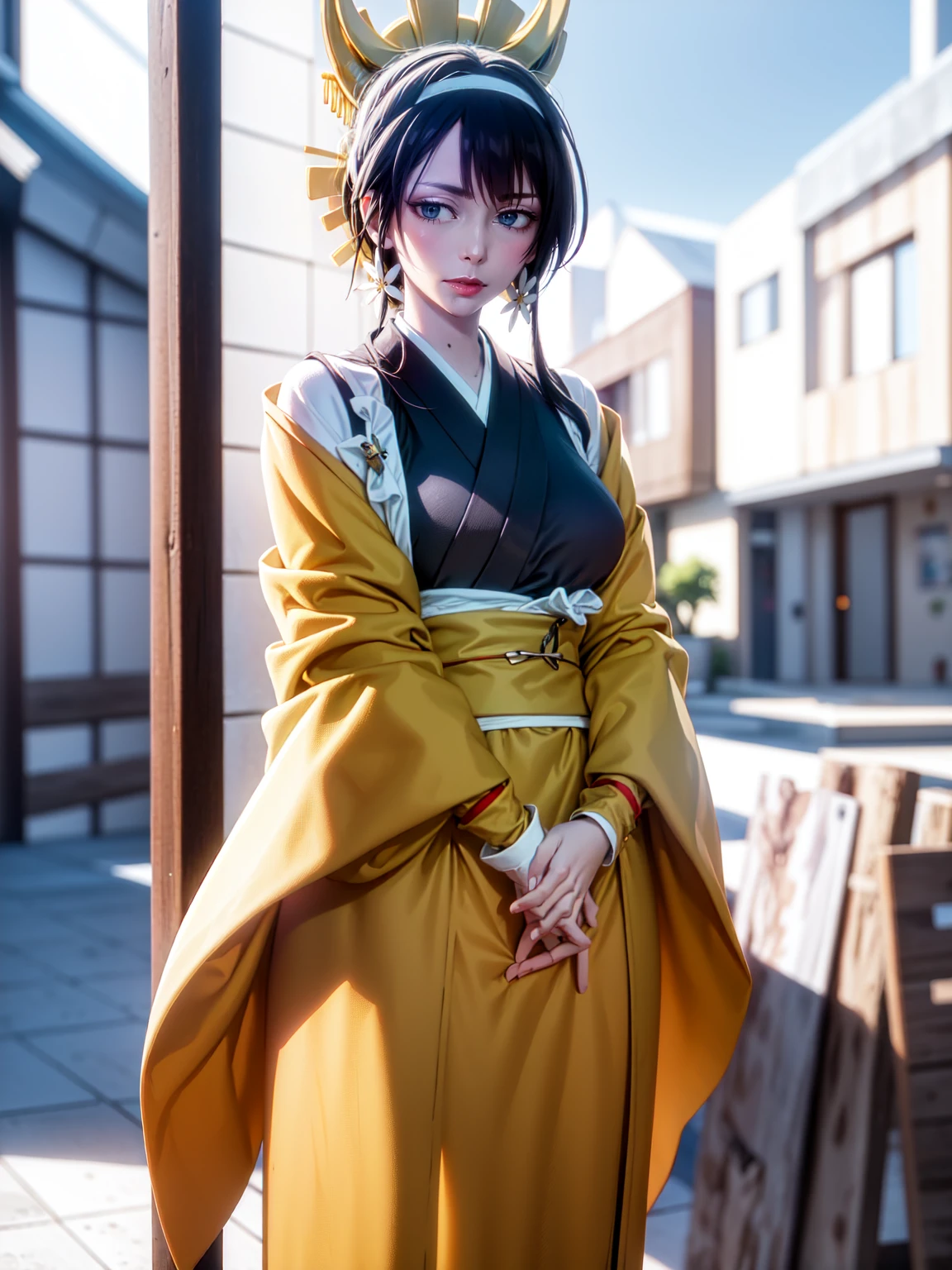 (Masterpiece, Best Quality:1.2), american shot, Alone, 1 girl, Izumi Kyouka, medium breasts, Expressionless, Closed mouth, looking at the viewer, hair ornament, japanese clothes, mature female, wearing SShutaraV4 dimples, SShutaraV4 body