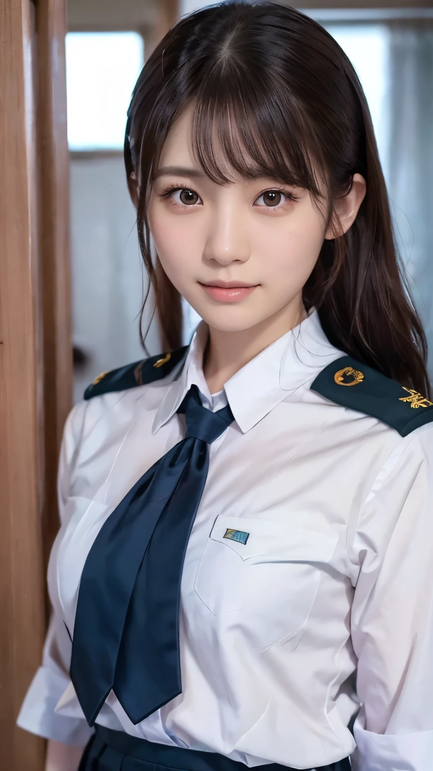 linda jovem japonesa, cerca de 20 anos, usar uniforme militar, Muito detalhadoな, Resolução 8K, とてもrealista, Iluminação de cinema, mais alta qualidade, obra de arte, realista, Renderização baseada fisicamente, Muito detalhado, cores vibrantes, profissional, foco nitído, iluminação de estúdio.De frente para frente,sorriso brilhante