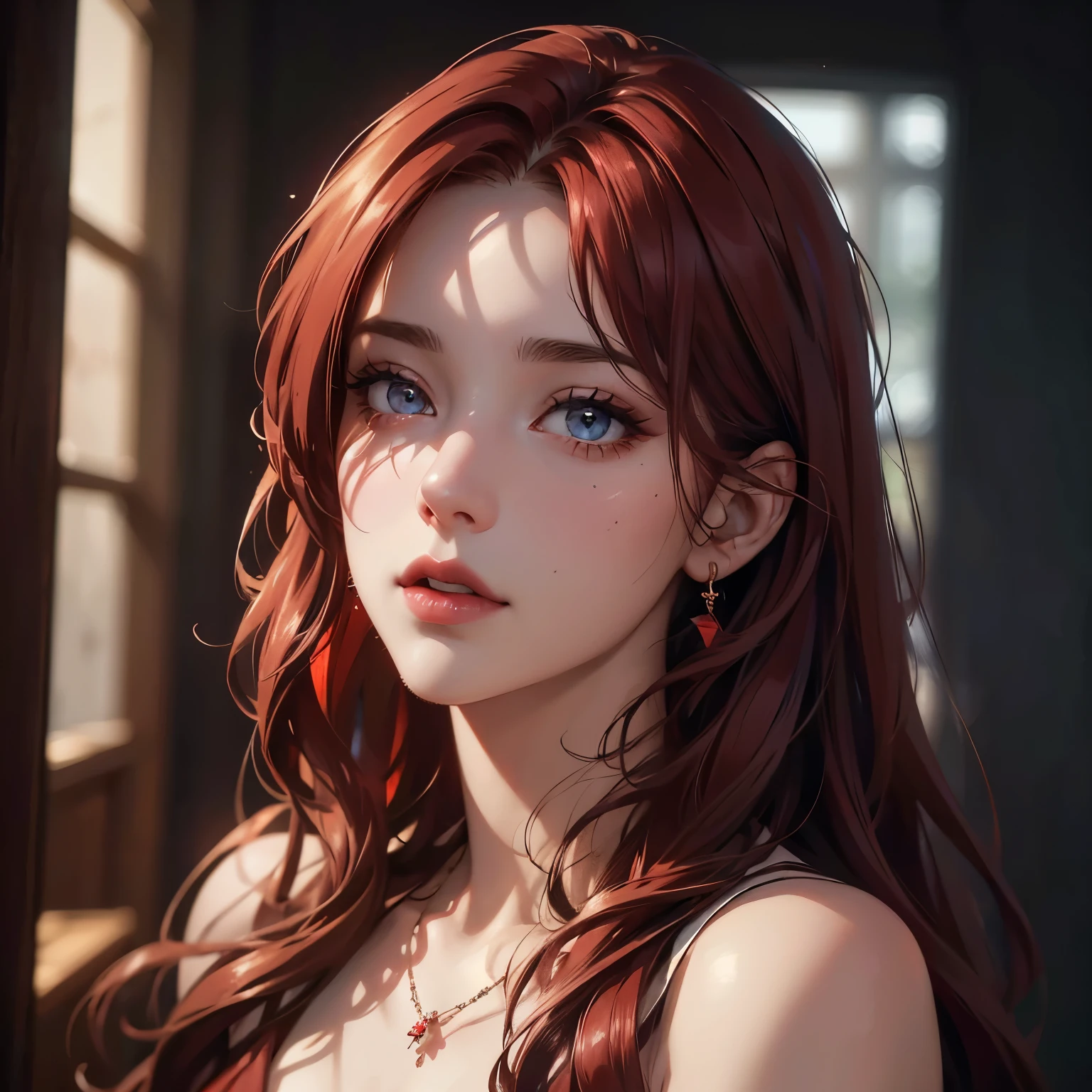 woman, clear skin, detailed eyes, pretty lashes, pretty dark red lipgloss, summerdress, halfbody,a intricate jewelry, sparkling hair,, beautiful detailed eyes, beautiful detailed lips, extremely detailed face, long eyelashes, (best quality,4k,8k,highres,masterpiece:1.2),ultra-detailed,(realistic,photorealistic,photo-realistic:1.37),professional,vivid colors,dramatic lighting,cinematic composition,elegant portraiture, red hair,, Clear Theme, Perfect Composition Ratio, Masterpiece, Best Quality, 4K, Sharp Focus. Better Hand, Perfect Anatomy. by AYMSHANK,Julia Razumova's and style of Carne Griffiths
