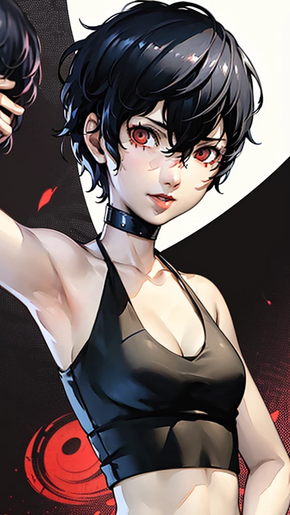 1 girl, very Short hair, tomboy Pixie haircut, black hair, red eyes, lipstick, black choker, face portrait, tank top, shigenori soejima style