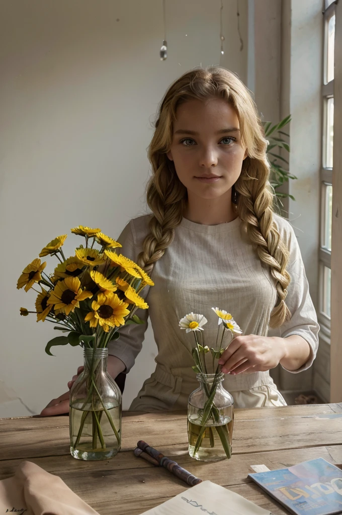 obra de arte, melhor qualidade, foto cinematográfica detalhada, uma garota loira sentada à mesa com um vaso de flores silvestres,  Uma alta resolução