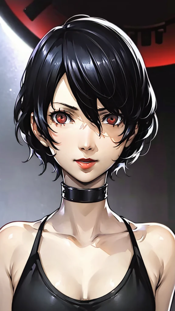 1 girl, very Short hair, tomboy Pixie haircut, black hair, red eyes, lipstick, black choker, face portrait, tank top, shigenori soejima style, perfect art