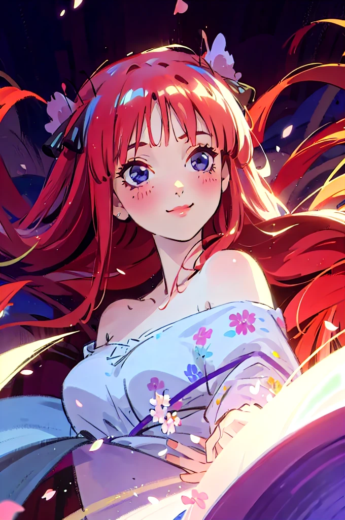 Best quality, masterpiece, ultra high res, (photorealistic:1.4), raw photo, 1girl, white dress, off shoulder, blossom flower field, glowing skin, light smile, nino nakano, pink red long hair, shoulder, blue eyes, hair ribbons