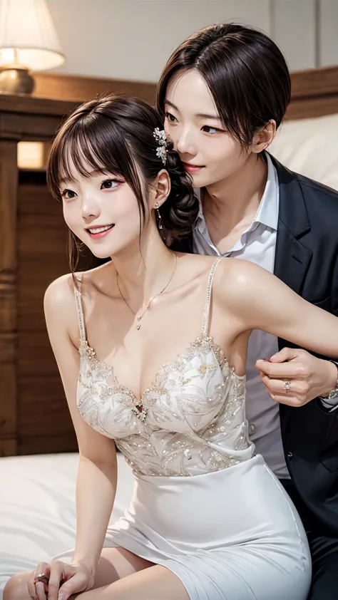 one piece wedding dress、beautiful young wife、super detailed、particles of light:0.5、shiny and smooth skin texture、first night、lov...