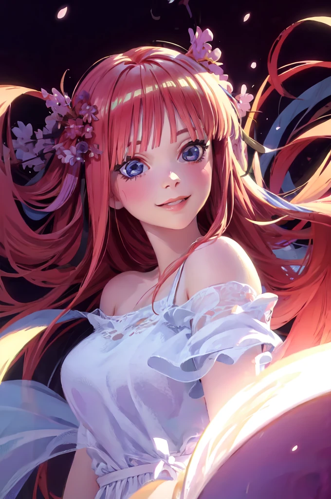 Best quality, masterpiece, ultra high res, (photorealistic:1.4), raw photo, 1girl, white dress, off shoulder, blossom flower field, glowing skin, light smile, nino nakano, pink red long hair, shoulder, blue eyes, hair ribbons