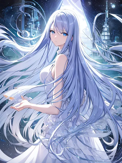 anime - style image of a woman with long light blue hair and a white outfit, high detailed official artwork, trending on artstat...