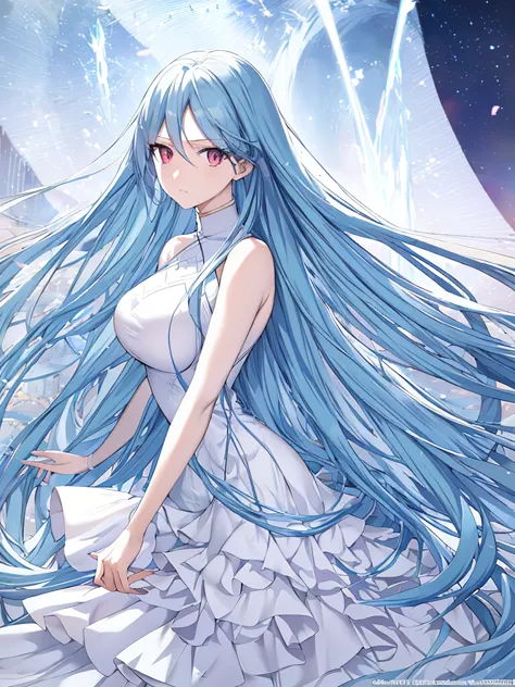 anime - style image of a woman with long light blue hair and a white outfit, high detailed official artwork, trending on artstat...