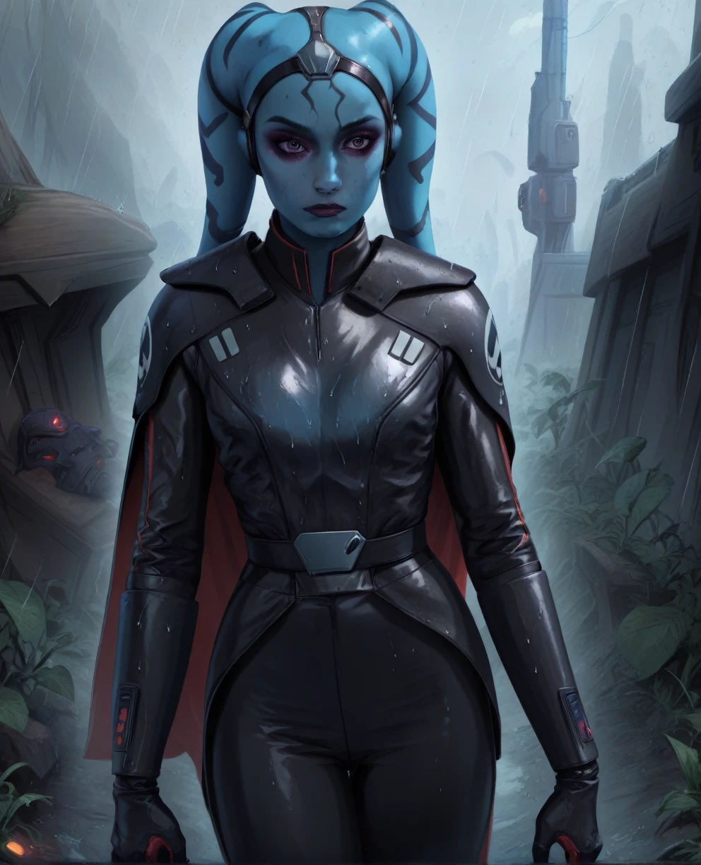 score_9,score_8_up,score_7_up,score_6_up, Female Twi'lek, Aayla Secura
 ,(wearing armor)
, FULL body, wet, armor,gloves,black bodysuit,black cape,belt,rain, science fiction,sith base, star wars, outdoors, rain, solo,fflixbag wearing armor sabine wren space_girl
