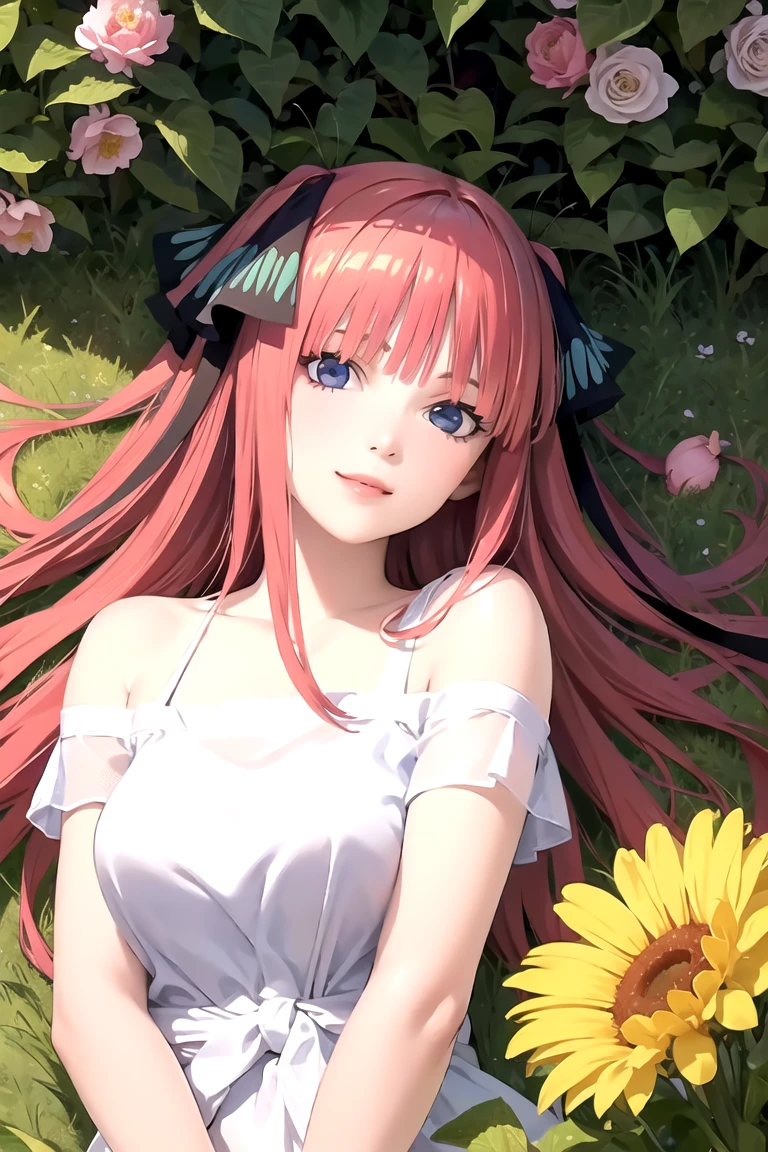 Best quality, masterpiece, ultra high res, (photorealistic:1.4), raw photo, 1girl, white dress, off shoulder, blossom flower field, glowing skin, light smile, nino nakano, pink red long hair, shoulder, blue eyes, hair ribbons, full body, laying down among flowers