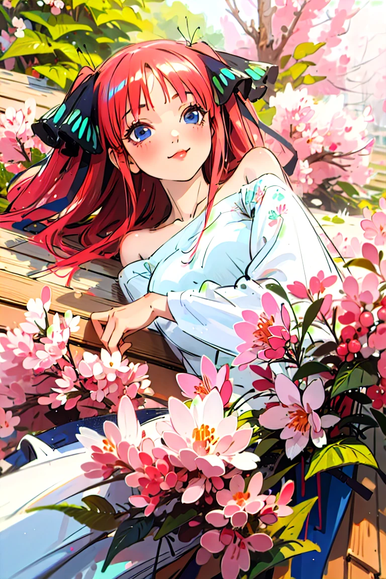 Best quality, masterpiece, ultra high res, (photorealistic:1.4), raw photo, 1girl, white dress, off shoulder, blossom flower field, glowing skin, light smile, nino nakano, pink red long hair, shoulder, blue eyes, hair ribbons, full body, laying down among flowers