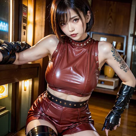 Short Hair、Shiny red leather sleeveless top、hot pants、A lot of studs、Lace-up boots、Leather Gloves、Double line tattoo on upper ar...
