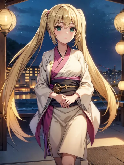 layla , kimono night in firework , blonde hair, pigtailed haired, long hair , green eyes