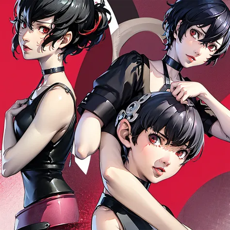 1 girl, very short hair, tomboy pixie haircut, black hair, red eyes, lipstick, black choker, face portrait, tank top, shigenori ...