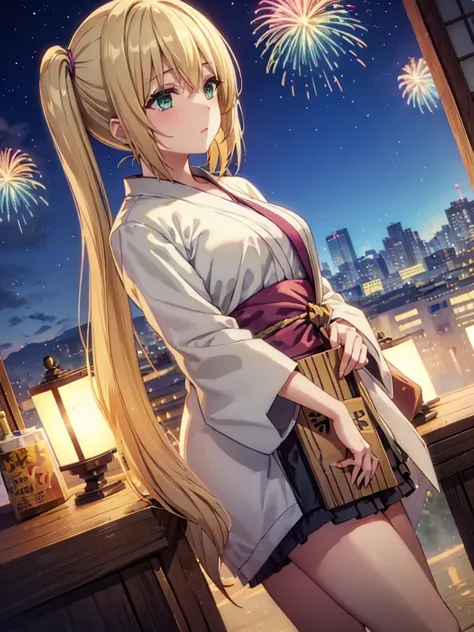 layla , kimono night in firework , blonde hair, pigtailed haired, long hair , green eyes