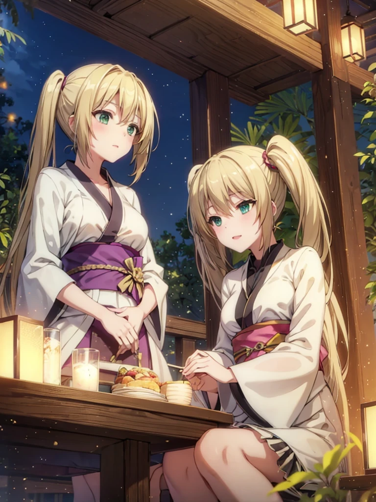 Layla , kimono night in firework , blonde hair, pigtailed haired, long hair , green eyes