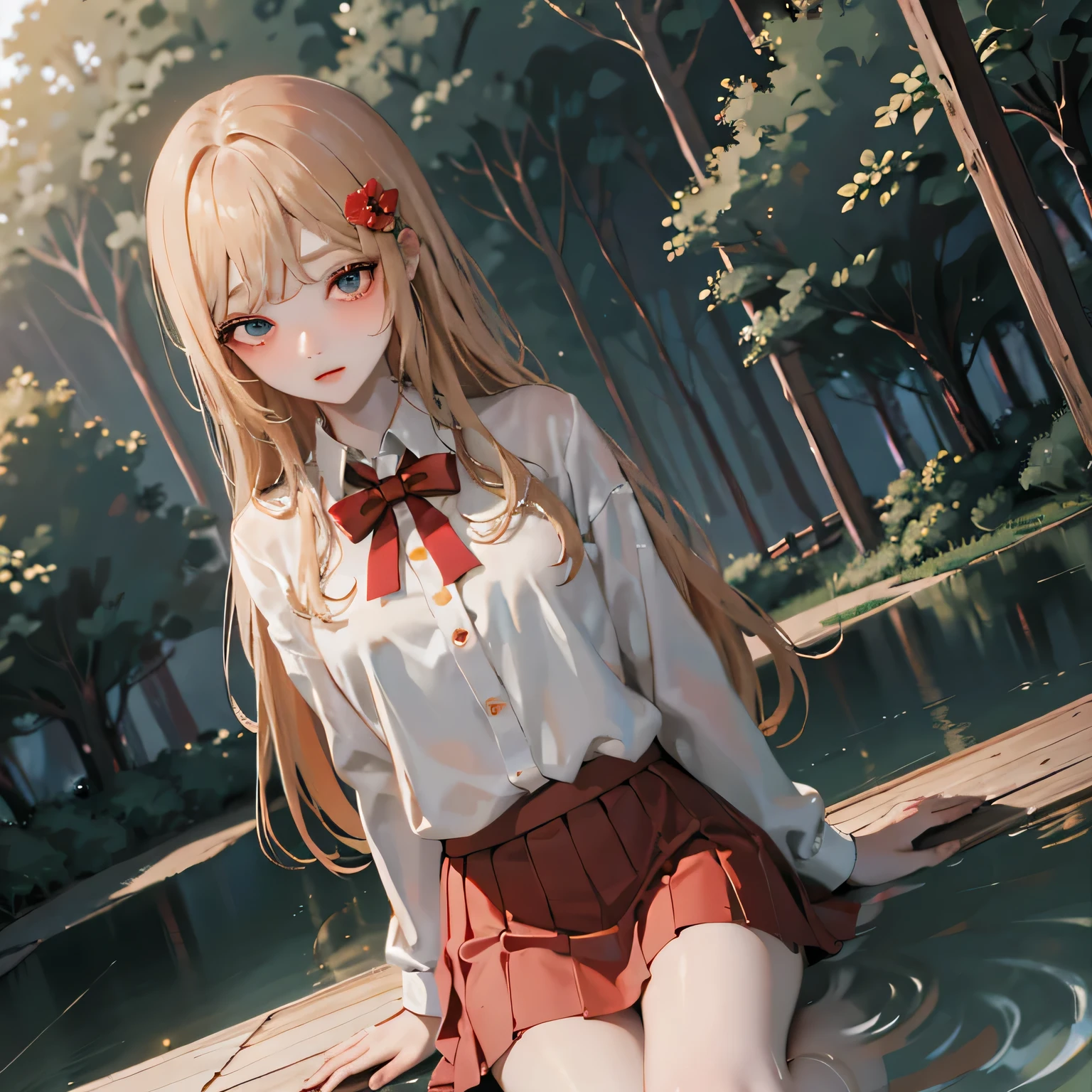 masterpiece, Highest quality, 8k wallpaper, Very detailed,nsfw， A girl about 12 years old, (Golden Hair:1.1), Long Hair, fine grain、(Red Skirt)、 White dress shirt,(A single large red flower hair ornament:1.1)，Light blue eyes ，looking down、embarrassed，ceiling，BREAK, Wet clothhes, see through, Residential Background, In the woods, rain, crap, water, puddle,splashing, drop shadow,rain, reflection,