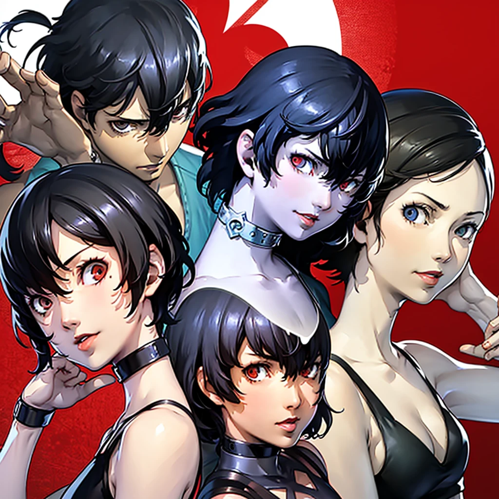 1 girl, very Short hair, tomboy Pixie haircut, black hair, red eyes, lipstick, black choker, face portrait, tank top, shigenori soejima style,