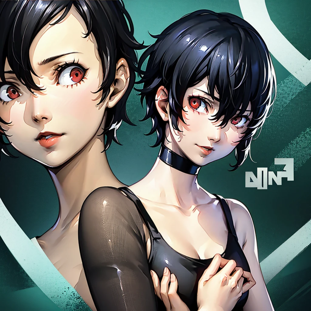 1 girl, very Short hair, tomboy Pixie haircut, black hair, red eyes, lipstick, black choker, face portrait, tank top, shigenori soejima style,