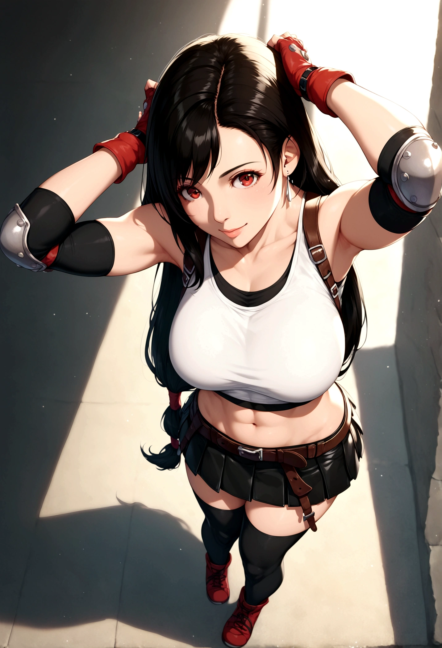 score_9, score_8_up, score_7_up, score_6_up, score_5_up,,rating_safe. BREAK , (from front.from above,front view,feet focus,standing,straight-on,,(upperbody),looking_at_viewer ,1girl, tifa lockhart, final fantasy, tareme,black hair, low-tied long hair, red eyes, bangs, (white tank top, belt, pleated skirt, thighhighs, elbow fingerless gloves, elbow pads, midriff, navel,suspender skirt) ,large_breasts,(light smile),,,Solo,,(daytime and beachside and city),detailed skin,(best quality),(aesthetic,very aesthetic),,photorealistic,highly detailed,,depth of field,,professional lighting,cinematic lighting, dancing breast,arms up,arms behind head,armsinhair, 　　