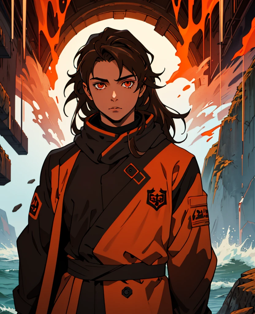 Masterpiece, Best quality, high quality, 1 man, 20 years old, One, athletic body, male focus, Looking at the viewer, upper body, long brown hair (tied hair), orange eyes, black closed coat with blood drops, fire and water mania around it