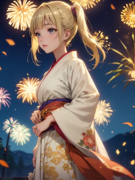 kyoko , kimono night in firework , blonde hair, pigtailed haired,  , yellowisheyes