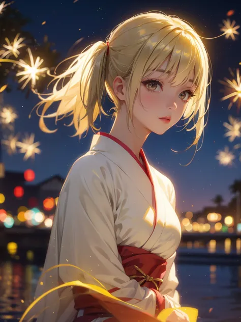 kyoko , kimono night in firework , blonde hair, pigtailed haired,  , yellowisheyes