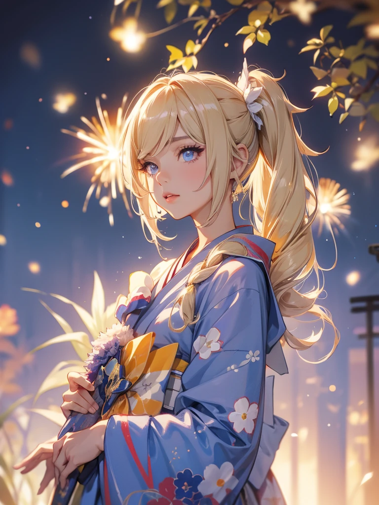 Bárbara, noche de kimono en fuegos artificiales , pelo rubio, pelo trenzado,  Blue eyes 