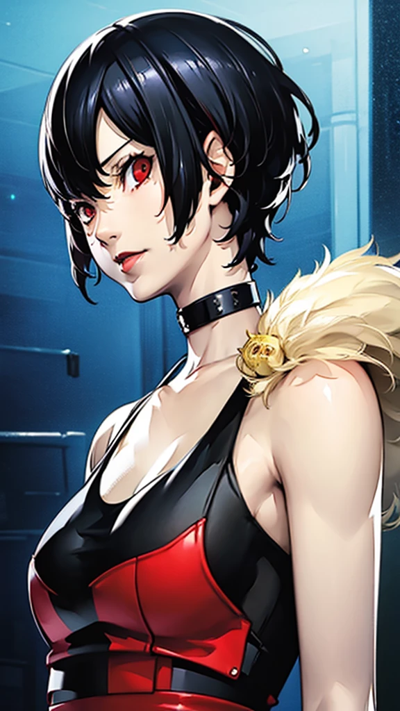 1 girl, very Short hair, tomboy Pixie haircut, black hair, red eyes, lipstick, black choker, face portrait, tank top, shigenori soejima style, perfect art